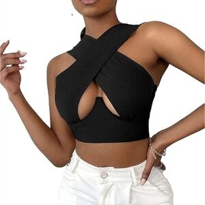 Black Woven Cross Over Zip Top Under Bust Wire Plus Size US Size 14